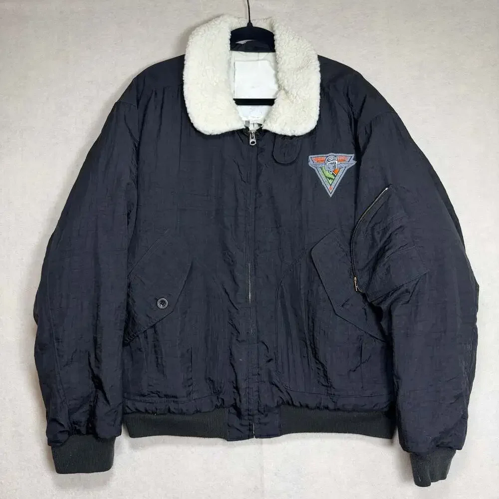 VINTAGE Unbranded Flight Bomber Jacket Mens L Black Sherpa Collar Repairs